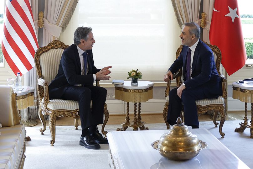 Secretary of State Antony Blinken, left, meets with Turkish Foreign Minister Hakan Fidan at Vahdettin, a private residence of the Presidency, in Istanbul, Turkey on Saturday