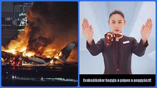 A Japán Légitársaság, a JAL Airbus utasszállítója teljesen kiégett a tokiói Haneda reptéren, 2024. január 2-án