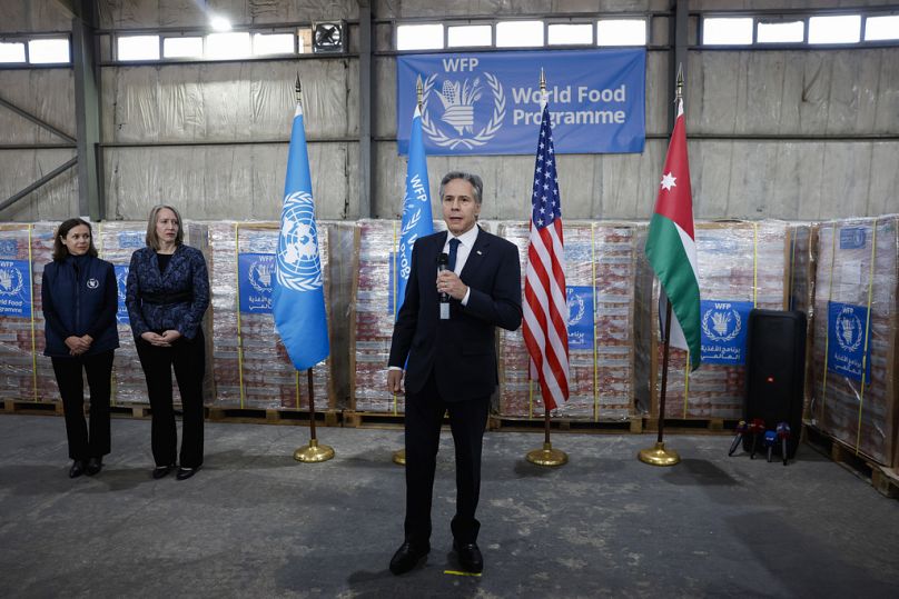 US Secretary of State Antony Blinken speaks during a visit to a World Food Programme (WFP) regional warehouse in Amman, Jordan on Sunday