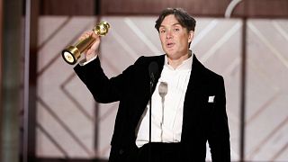 Image released by CBS shows Cillian Murphy accepting the award for best actor in a motion picture for his role in "Oppenheimer" during the 81st Annual Golden Globe Awards