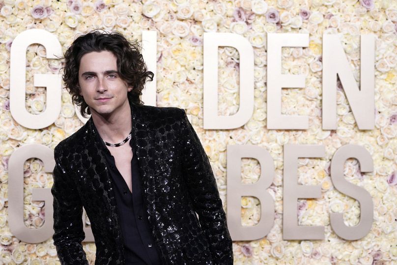 Timothee Chalamet arrives at the 81st Golden Globe Awards on Sunday, Jan. 7, 2024, at the Beverly Hilton in Beverly Hills, Calif.
