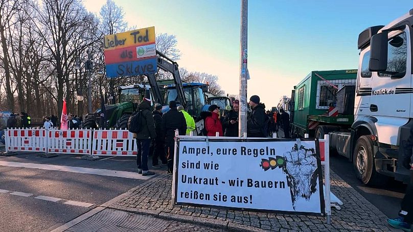 Protest signs reading 'Rather dead than slave' (left) and 'Ampel, your rules are like weeds - us farmers tear them out' (right)