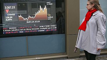 A woman looks at a television screen displaying the French CAC 40 stock market index, Monday, Oct. 27, 2008 in Paris. U.S. and European stock markets recovered much of their e