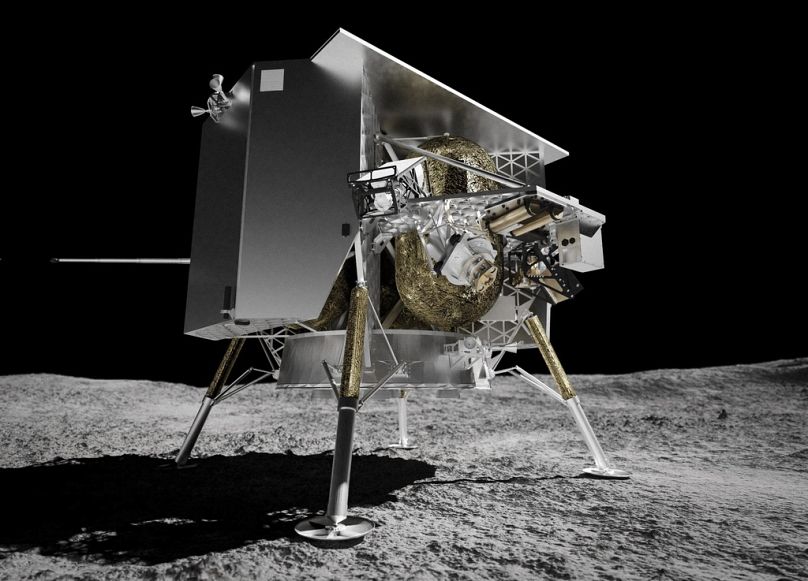 This illustration provided by Astrobotic Technology in 2024 depicts the Peregrine lunar lander on the surface of the moon.