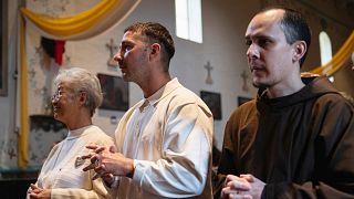 Shia LaBeouf participates in his Catholic confirmation ceremony, with his confirmation sponsor, Capuchin friar Brother Alexander Rodriguez at Old Mission Santa Inés Parish