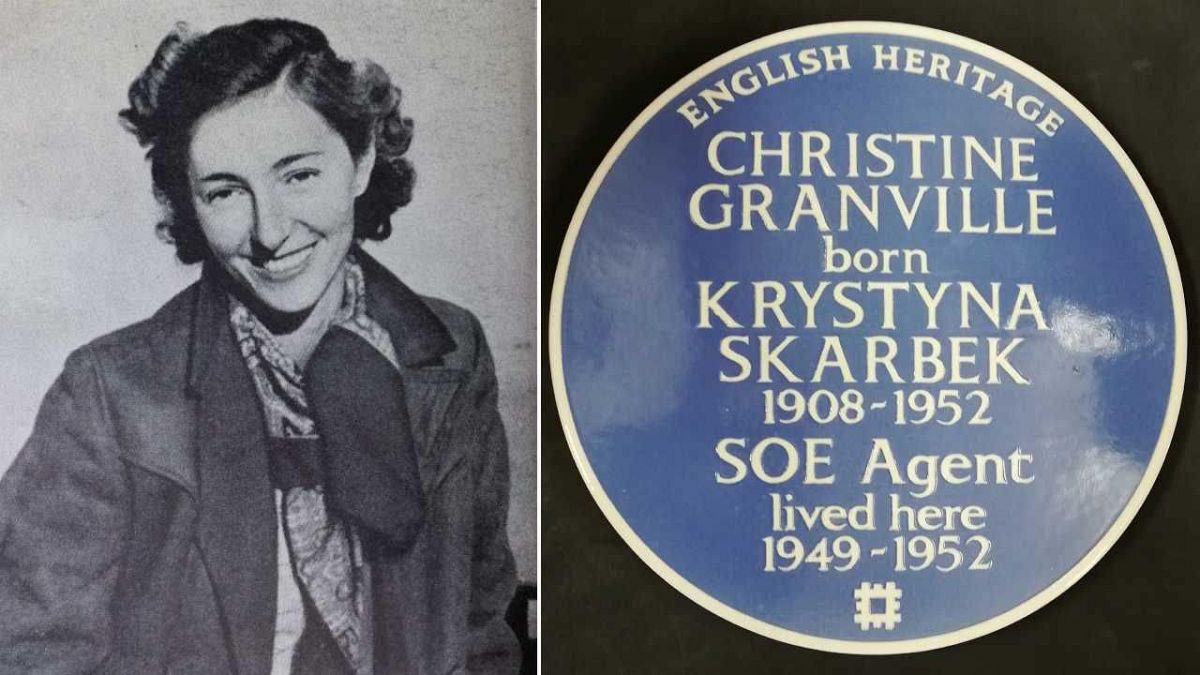 Balra: Christine Granville fotója, jobbra pedig a kék emléktábla ott, ahol egykor a Shellbourne Hotel állt (Lexham Gardens, Kensington)