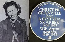 Balra: Christine Granville fotója, jobbra pedig a kék emléktábla ott, ahol egykor a Shellbourne Hotel állt (Lexham Gardens, Kensington)