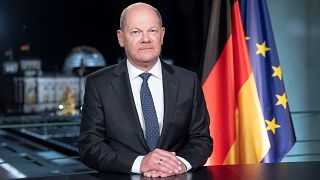 Le chancelier allemand Olaf Scholz lors de son discours du Nouvel An à la chancellerie à Berlin, Allemagne, vendredi 29 décembre 2023.