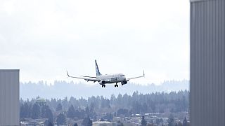 An Alaska Airlines Boeing 737-990ER flight 337 from Fort Lauderdale, Fla., lands at Portland International Airport in Portland, Ore., Saturday, Jan. 6, 2024. 