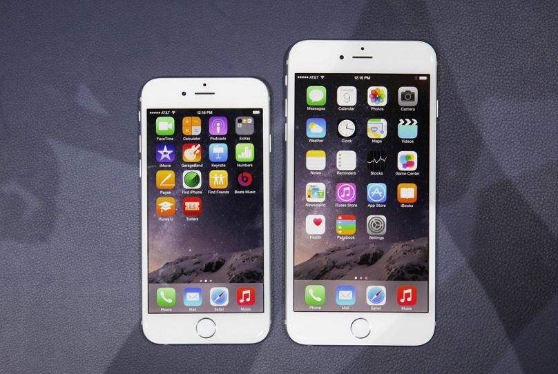 The iPhone 6 and iPhone 6 Plus are displayed after the Apple announcement at the Flint Center for the Performing Arts on Tuesday, September 9, 2014 in Cupertino, Calif.