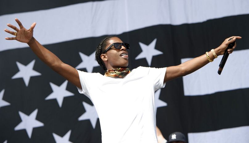 U.S singer, Rakim Mayers, from A$AP Rocky performs on stage during the Wireless Festival at the Queen Elizabeth Olympic Park, London, Sunday, July 14, 2013.