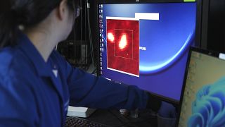 Naixin Qian, química física de Columbia, amplía una imagen generada a partir de una exploración microscópica con nanoplásticos, que aparecen como puntos rojos brillantes.