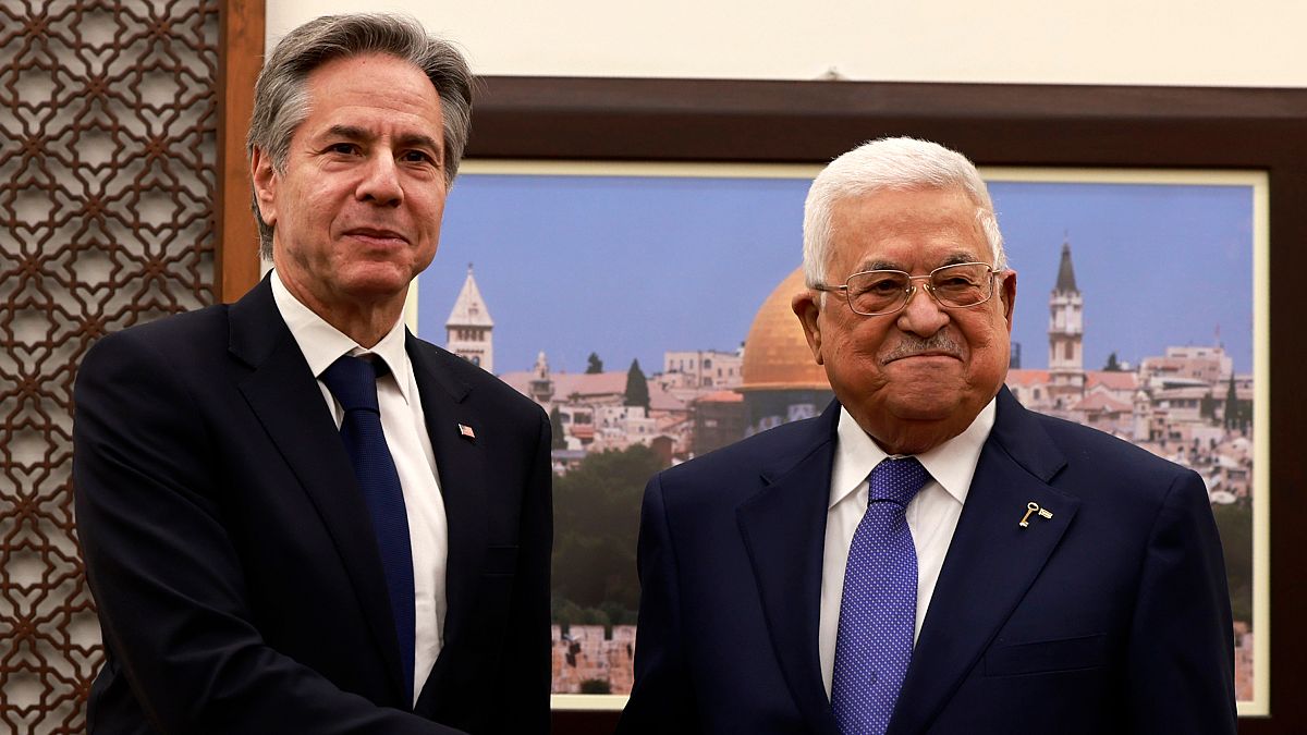 US Secretary of State, Antony Blinken, left, meets with Palestinian president Mahmud Abbas, right, in Ramallah in the Israeli-occupied West Bank on Wednesday, Jan. 10, 2024.