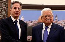 US Secretary of State, Antony Blinken, left, meets with Palestinian president Mahmud Abbas, right, in Ramallah in the Israeli-occupied West Bank on Wednesday, Jan. 10, 2024.