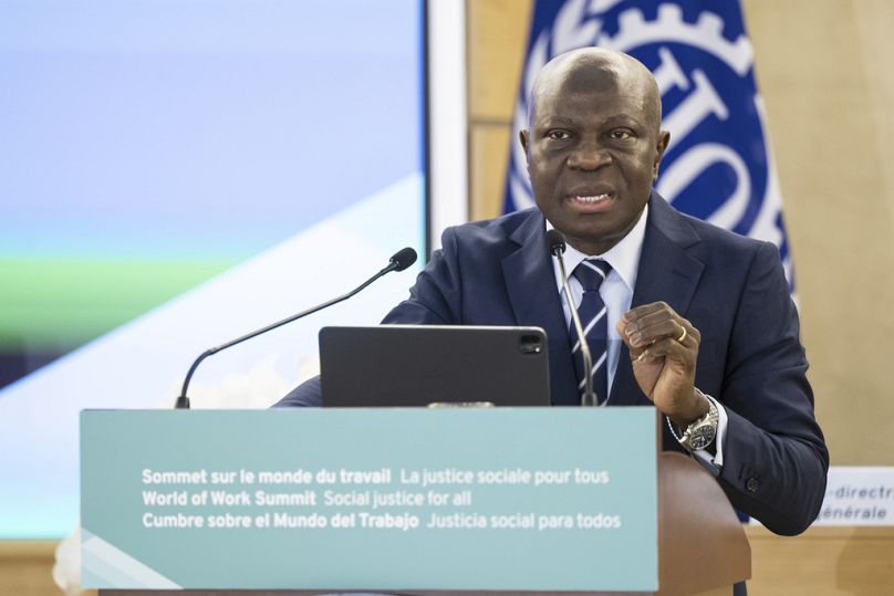 Gilbert F. Houngbo delivers his speech at the European headquarters of the United Nations in Geneva, Switzerland, June 14, 2023.