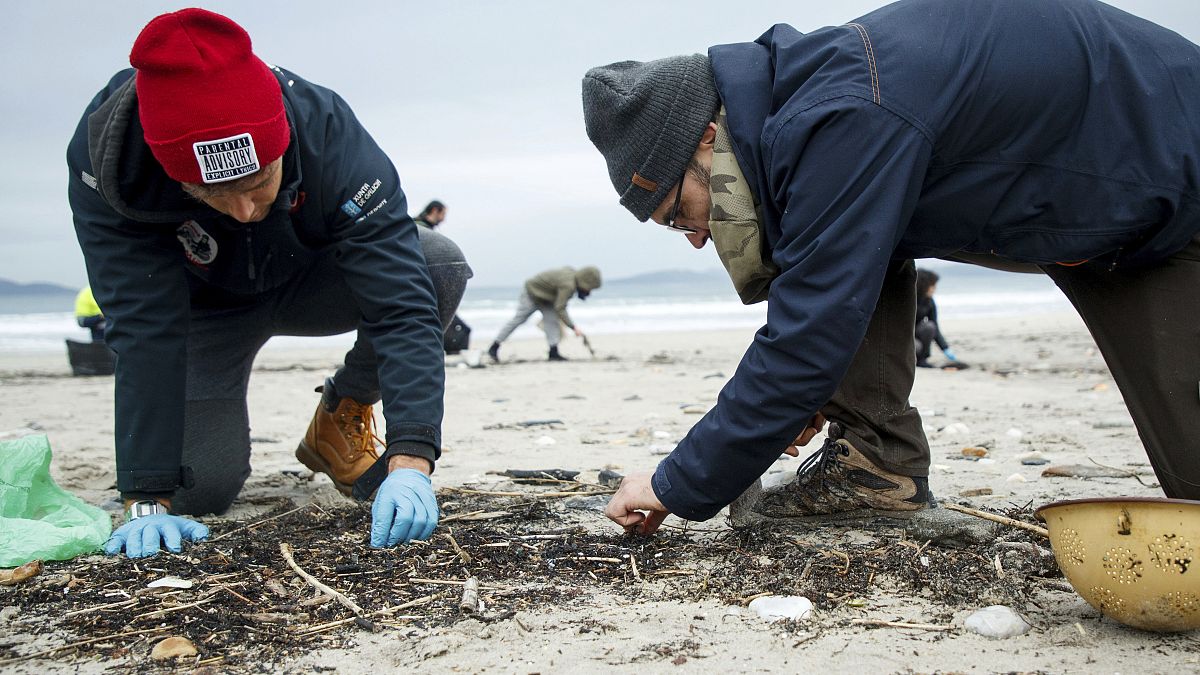 Voluntarios recogen pellets en una playa en Nigrán (Galicia, España) el 9 de enero de 2024