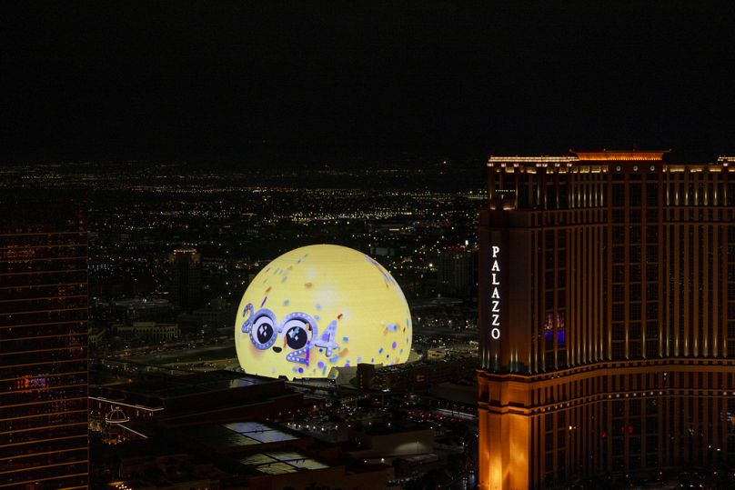 The Sphere Las Vegas displays 2024 during a New Year's Eve celebration Monday, Jan. 1, 2024, in Las Vegas.