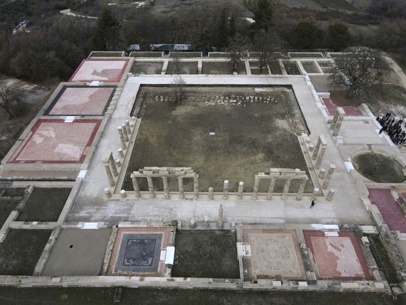 The Palace of Aigai, built more than 2,300 years ago during the reign of Alexander the Great's father, is seen from above after it fully reopened in ancient Aigai.