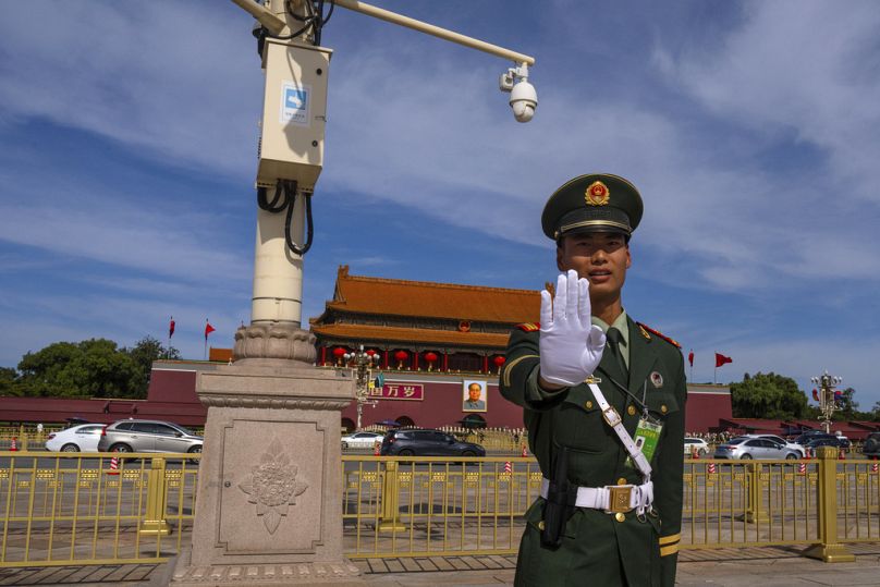 A Chinese soldier stands guard next to Tiananmen Square after the opening ceremony of the Belt and Road Forum held at the Great Hall of the People in Beijing, October 2023