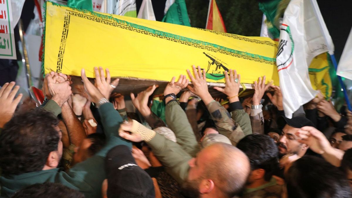 حمل جنازه یکی از شبه‌نظامی شیعه عراقی که در حملات آمریکا کشته شد