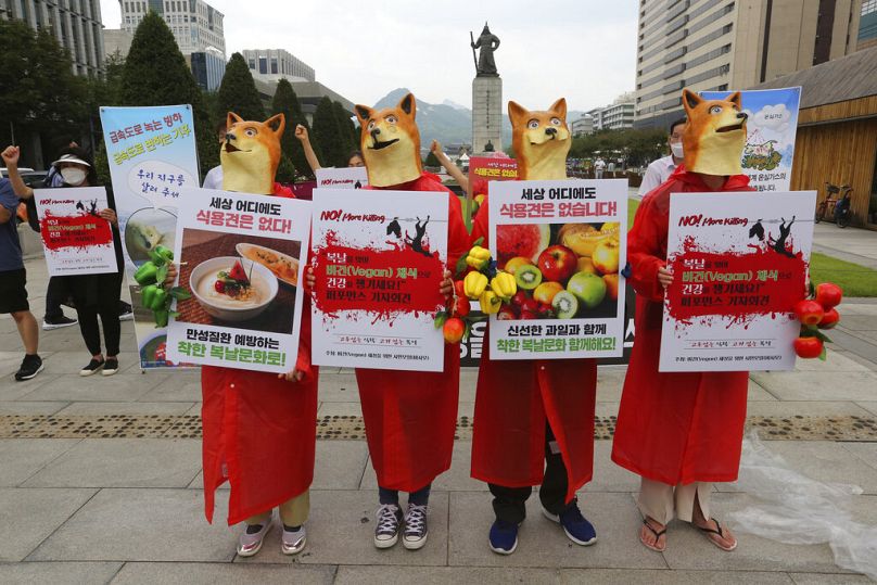 South Korean vegetarian activists wearing dog masks stage a rally opposing South Korea's culture of eating dog meat in Seoul, July 2020