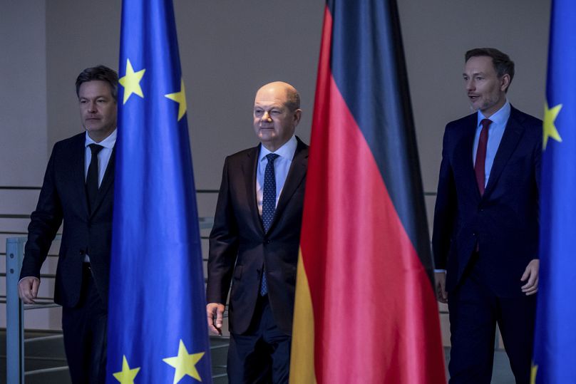 Robert Habeck, Minister for Economic Affairs and Climate Protection, Chancellor Olaf Scholz and Christian Lindner, Minister of Finance, in Berlin, 13 Dec 2023.