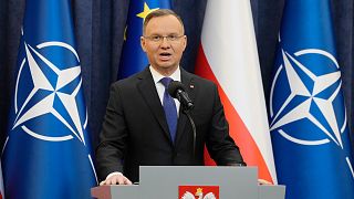 Poland's President Andrzej Duda gives a statement to the media in Warsaw, Poland, Wednesday Jan. 10, 2024