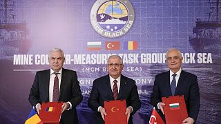 Turkey's Defense Minister Yasar Guler, Romania's Defense Minister Angel Tilvar, and Bulgaria's Deputy Defense Minister Atanas Zapryanov after signing the agreement.