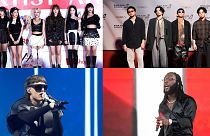 Clockwise from top-left: K-pop group (G)I-DLE, J-Pop group King Gnu, Afrobeats star Burna Boy and Regional Mexican musician Peso Pluma.