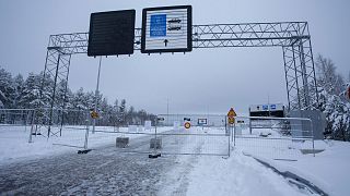 FILE: Road to closed Vaalimaa border check point between Finland and Russia in Virolahti, Finland, Saturday Dec. 16, 2023. 