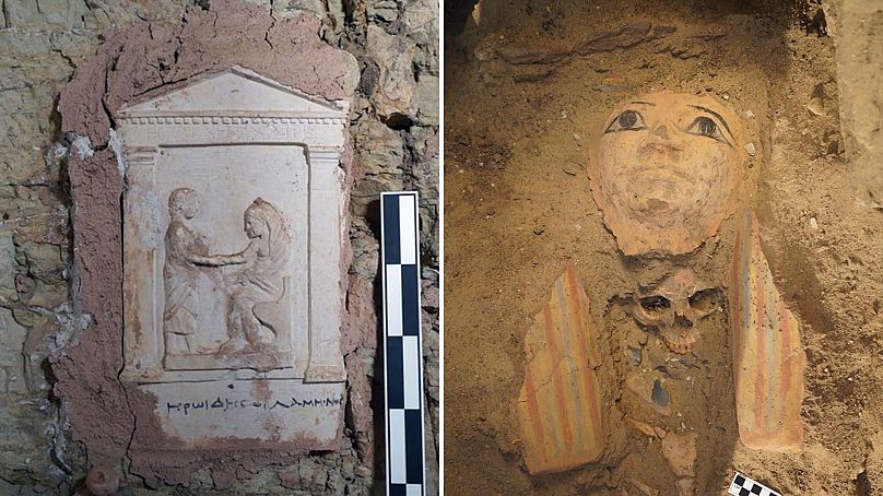 Une relique indiquant qu'elle a été créée pour un homme nommé Heroide (à gauche), un sarcophage avec une momie à l'intérieur (à droite)