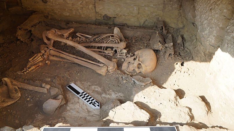 Diese Bestattung stammt aus der Zweiten Dynastie, vor etwa 4 800 Jahren. Sie zeigt eine kauernde Person in den Überresten eines Holzsargs.