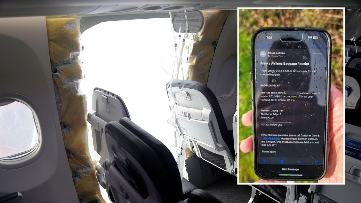 This photo shows a gaping hole where the paneled-over door had been at the fuselage plug area of the flight. Overlaid is a phone that was found in Oregon with a baggage claim.