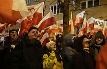 Supporters of right-wing Law and Justice party protest before the parliament building in Warsaw, Poland, on Thursday, Jan. 11, 2024.