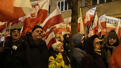 Supporters of right-wing Law and Justice party protest before the parliament building in Warsaw, Poland, on Thursday, Jan. 11, 2024.