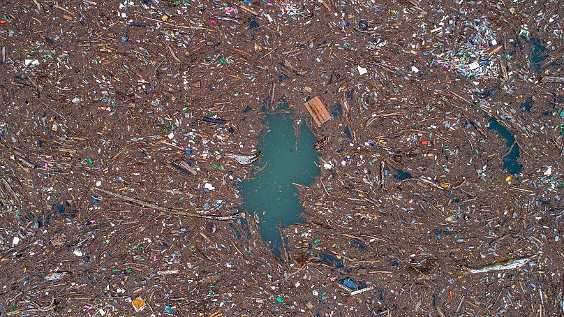 An aerial view of waste floating in the Drina river near Visegrad, Bosnia, 10 January 2024.