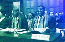 South African Ambassador Vusimuzi Madonsela and Minister of Justice Ronald Lamola during the opening of the hearings at the ICJ in The Hague, 11 January 2024