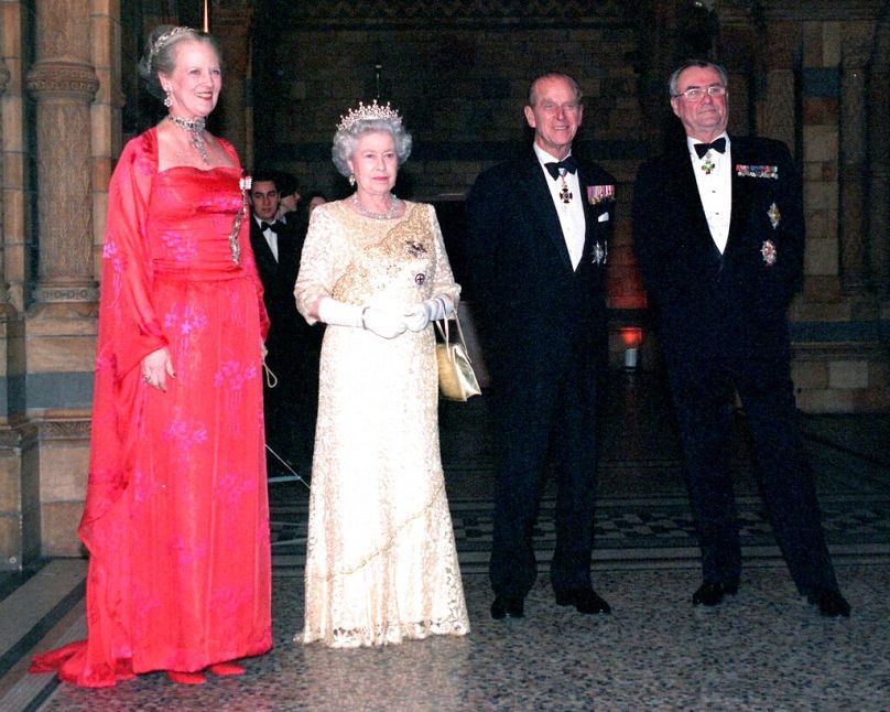 Königin Margrethe von Dänemark, die britische Königin Elizabeth II., Prinz Philip und Prinz Henrik (von links) bei einem Empfang im Jahre 2020