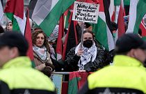 معترضان به همراه پرچم‌ها و بنرهایی در خارج از دیوان بین‌المللی دادگستری در لاهه هلند، جمعه، ۱۲ژانویه ۲۰۲۴ 