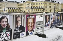 FILE: A view of campaign posters of the Finnish presidential candidates in Helsinki, Finland, Wednesday, Jan. 10, 2024.