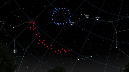 An artistic impression of what the Big Ring (shown in blue) and Giant Arc (shown in red) would look like in the sky. 