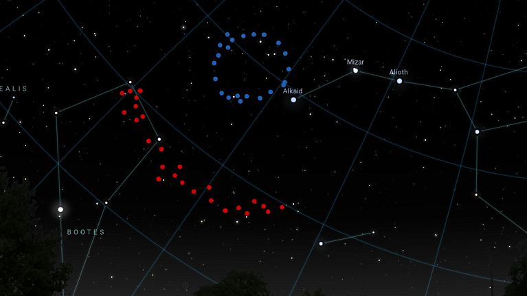 An artistic impression of what the Big Ring (shown in blue) and Giant Arc (shown in red) would look like in the sky. 