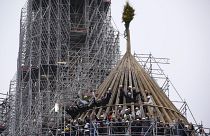 Плотники празднуют окончание реконструкции каркаса собора Парижской богоматери традиционным букетом, 12 января 2024 г.