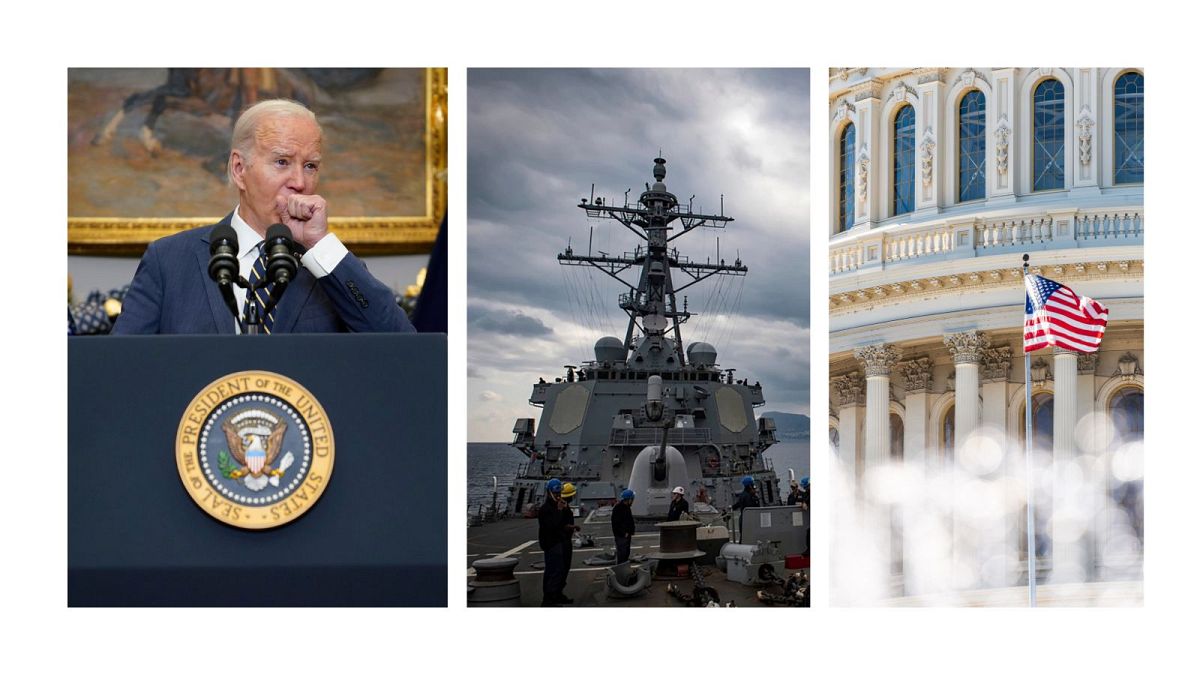 کنگره آمریکا (راست) کشتی جنگی آمریکا (وسط)‌ جو بایدن (چپ)