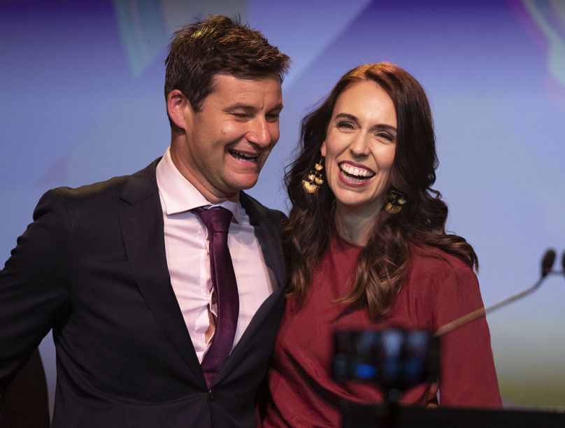 Ardern, right, is congratulated by her partner Clarke Gayford following her victory speech to Labour Party members at an event in Auckland, New Zealand in 2020