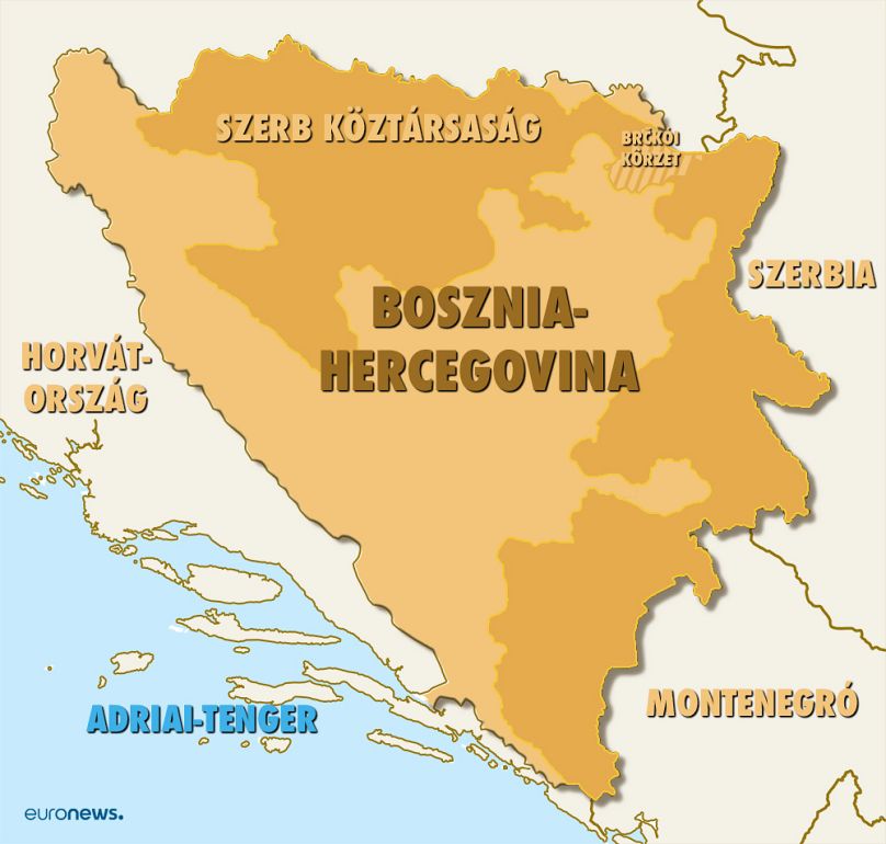 Bosznia-Hercegovina térképe a két részre szakadt Szerb Köztársasággal, és a brčkói körzet