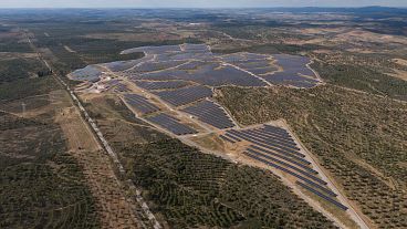 Image of energy corporation Galp’s solar power plant in Portugal with rendering of energy storage platform provider Powin’s utility-scale battery energy storage system. 