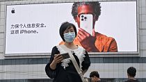 An Apple iPhone advertisement carrying the words "Keep your personal information safe. It's very iPhone" in Beijing. May 24, 2023.