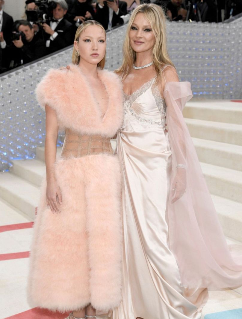 Kate Moss poses with her daughter Lila Moss at the MET gala celebrating the opening of the "Karl Lagerfeld: A Line of Beauty" exhibition on Monday, May 1, 2023, in New York.