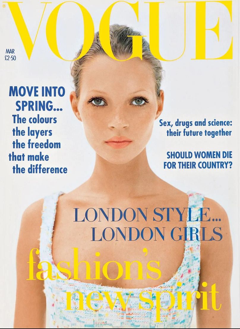 A 19-year-old Moss shot for her first cover of British Vogue by model-turned-photographer Corinne Day, for the March 1993 issue.
